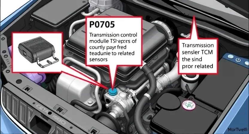 A detailed illustration of a car's engine bay with various components clearly visible, focusing on the area related to the P0705 error code. Include diagrams or labels pointing to relevant parts like the transmission control module (TCM) and related sensors. The overall aesthetic should be clean and informative, suitable for a technical guide.