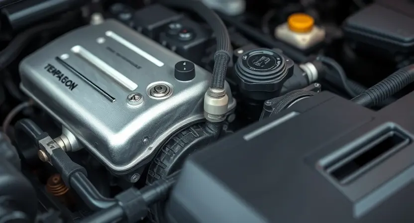 A close-up shot of a car's engine bay, focusing on the engine temperature sensor and related components. The engine should appear clean and well-maintained. Subtle visual cues indicating a potential temperature issue (e.g., a slightly warmer-toned sensor) can be included without being overly dramatic. The background should be blurred, emphasizing the engine components.