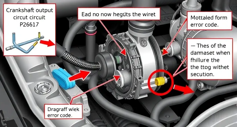 A detailed technical illustration of a crankshaft output circuit failure, focusing on the damaged components and wiring. The image should clearly depict the cause of the P2617 error code.