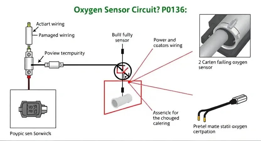 A detailed illustration of an automotive oxygen sensor circuit, highlighting the P0136 error code and its potential causes. Include visual representations of the sensor, wiring, and possible issues like a faulty sensor or damaged wiring. The image should be informative and visually clear, depicting the technical aspects of the error.