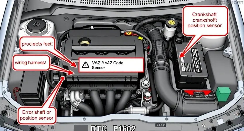A detailed illustration of a VAZ/Lada car engine bay, highlighting the diagnostic trouble code (DTC) P1602. Include visual representations of relevant components like the crankshaft position sensor, camshaft position sensor, and wiring harness. The image should clearly depict the error code displayed on a diagnostic screen.
