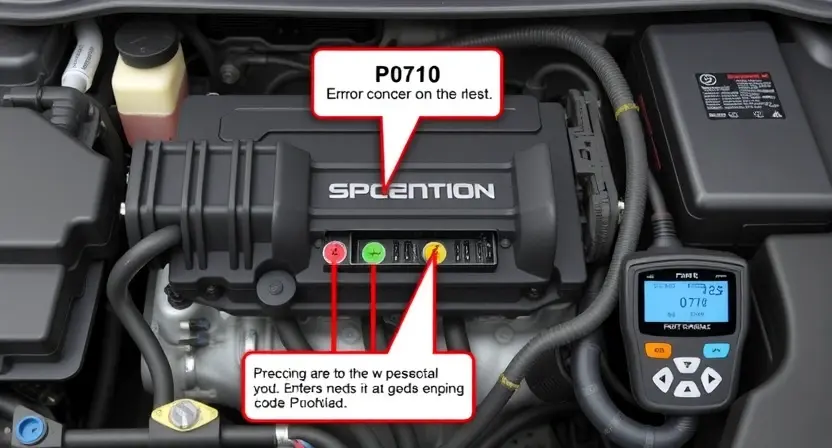 A detailed illustration of a car's engine control unit (ECU) with various diagnostic tools connected, highlighting the P0710 error code. Focus on the electronic components and wiring.