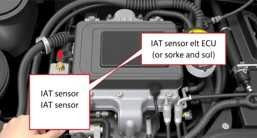 A detailed illustration of an engine control unit (ECU) with various sensors and wiring, highlighting the IAT sensor and its connection to the ECU. The image should depict a clear and informative representation of the engine's internal workings.
