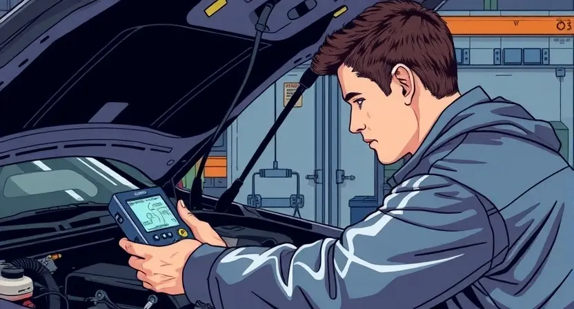 A detailed illustration depicting a mechanic examining a car's engine bay using diagnostic equipment. The equipment should be clearly visible, with wires, sensors, and displays. The car should be a modern sedan. Focus on the diagnostic tools and the mechanic's focused expression.