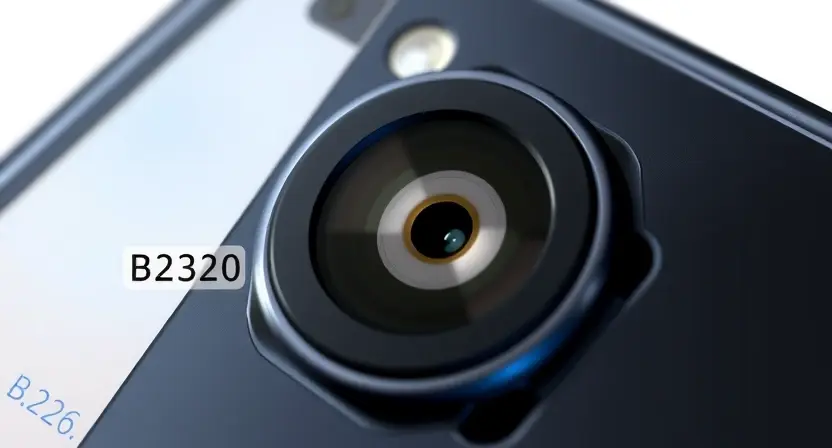A close-up, detailed illustration of a smartphone's front camera module. The camera lens should be clearly visible, surrounded by the camera housing. Show a visual representation of the error code B2320, perhaps as a subtle overlay or graphical element near the camera. The phone's screen should be partially visible, displaying a diagnostic interface with an error message related to the front camera. Focus on the technical aspects of the camera and the error indication.