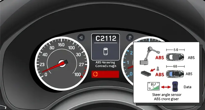 A detailed illustration of an automotive dashboard showing a C2112 error message. The dashboard should also display a visual representation of the ABS and steering angle sensor, highlighting their interaction. Include diagrams illustrating the data flow between the sensors and the ABS control unit. The overall aesthetic should be clean and technical, suitable for a repair manual or online tutorial.