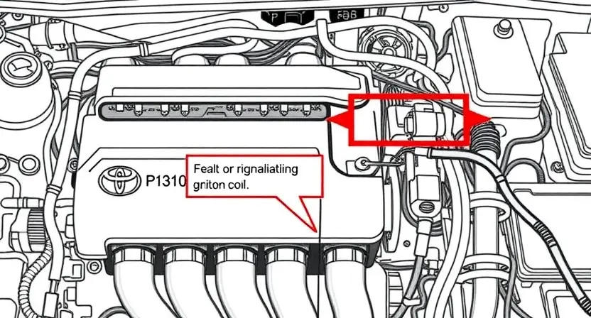 A detailed technical diagram of a Toyota engine showing the ignition circuit with a highlighted fault area labeled P1310, illustrating broken or malfunctioning ignition coil wiring and spark plug connections, in a clean, schematic style with no text labels or numbers on the image