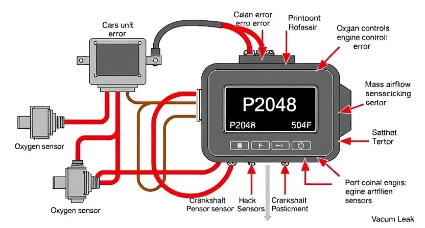 A detailed diagram illustrating a car's engine control unit (ECU) and its connection to various sensors (e.g., oxygen sensor, mass airflow sensor, crankshaft position sensor). Highlight the P2048 error code within the ECU's display. Show a visual representation of the potential causes of the error, such as a faulty sensor or a vacuum leak, with arrows indicating the flow of data and potential malfunctions. The overall image should be clean, informative, and easy to understand, suitable for a tec