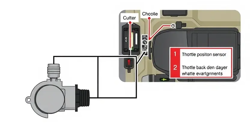 A detailed illustration of a car's throttle position sensor circuit. The image should clearly show the sensor itself, wiring connections, and the engine control unit (ECU) with highlighted relevant components. Focus on the electrical connections and the sensor's physical form. The background should be a clean, neutral color to emphasize the circuit details.