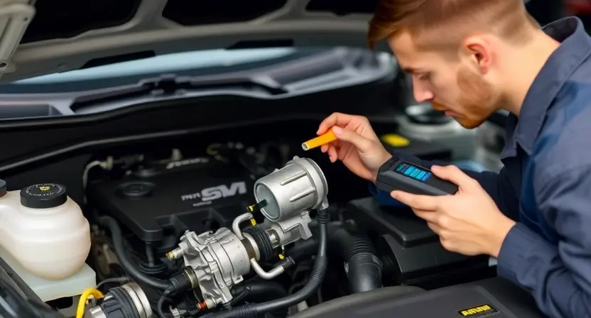 A mechanic is inspecting the throttle body of a car engine. The engine bay is clean and well-lit. Focus on the throttle body and its connections. The mechanic is wearing a uniform and using diagnostic tools.