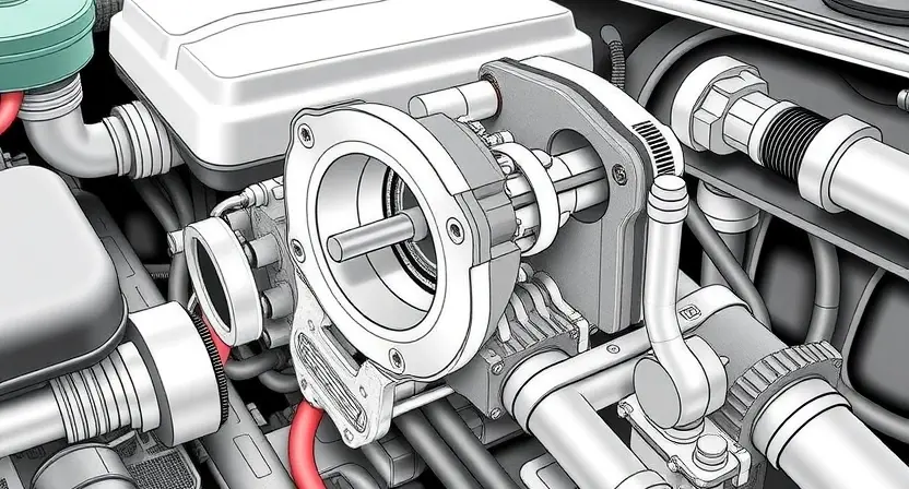 A detailed illustration of a car's throttle body, highlighting its internal components and connections to the engine. The image should clearly show the throttle plate, sensors, and linkages. Focus on mechanical precision and clarity.