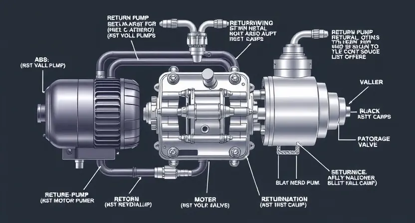 A high-quality technical illustration of an ABS (Anti-lock Braking System) hydraulic module showing the return pump and motor circuit, with clear labeling of components like motor, pump, valves, and hydraulic lines, set in a clean engineering diagram style with realistic textures and precise mechanical details