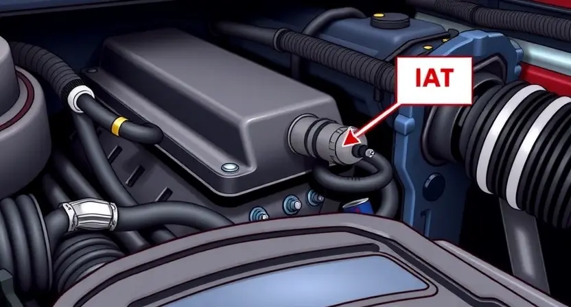 A close-up, detailed illustration of an engine bay with a focus on the intake manifold and the IAT (Intake Air Temperature) sensor. The sensor should be clearly visible, along with associated hoses and wiring. The overall scene should convey a sense of automotive mechanics and diagnostics.