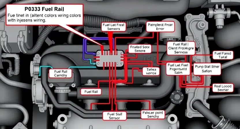 A detailed schematic diagram of an automotive engine's fuel rail and related wiring harness. The diagram should clearly show the P0233 error code related components, wiring colors, and potential points of failure. Include labels for each component (fuel rail, injectors, sensors, wiring). The image should be clean and professional, suitable for a technical manual.