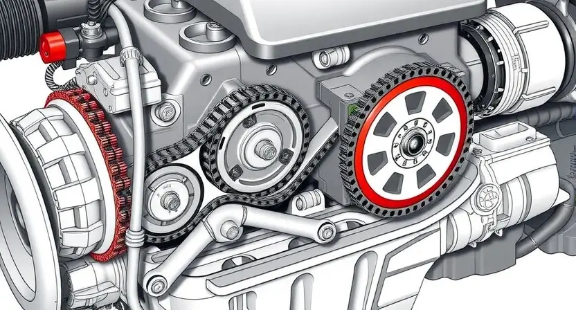 A detailed illustration of a timing chain tensioner and its components within an engine. The image should clearly show the chain, tensioner, guides, and associated sensors. Focus on the mechanics of the timing chain system.