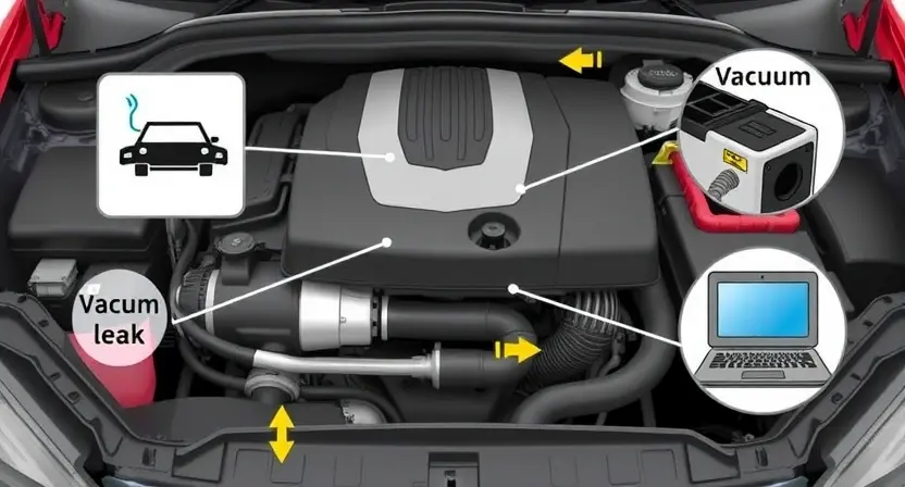 A detailed illustration of a car's engine bay, highlighting the P0707 error code indicator light. Include visual representations of potential causes like a faulty mass airflow sensor, a vacuum leak, or a problem with the vehicle's computer. Focus on technical accuracy and clarity.