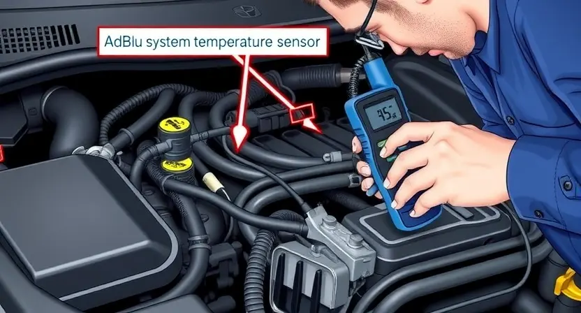 A close-up, detailed illustration of a car's engine bay, focusing on the AdBlue system components. Highlight the temperature sensor and its wiring. Show a mechanic inspecting the sensor with diagnostic tools. The overall scene should convey a sense of technical expertise and problem-solving.