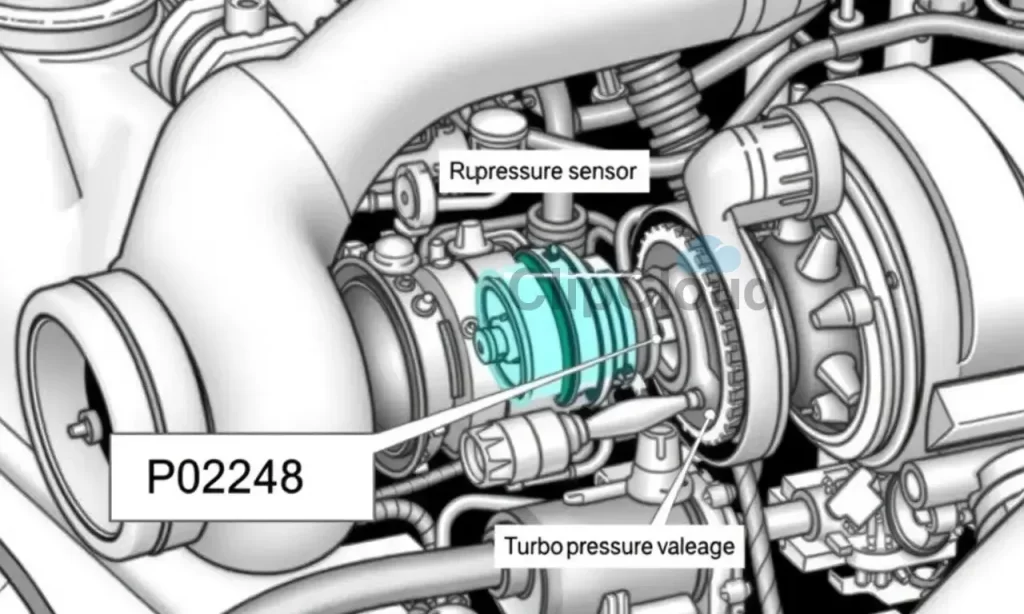 A detailed technical diagram of a turbocharger system with a highlighted boost pressure sensor and turbocharger wastegate, showing airflow and pressure dynamics, with subtle error code P0248 displayed as a faint digital overlay in the corner, no text labels or numbers on the main image