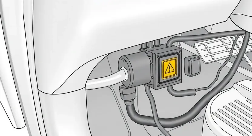 A detailed technical illustration of a vehicle's steering control module showing a disconnected wiring harness and warning indicator light, clean technical diagram style