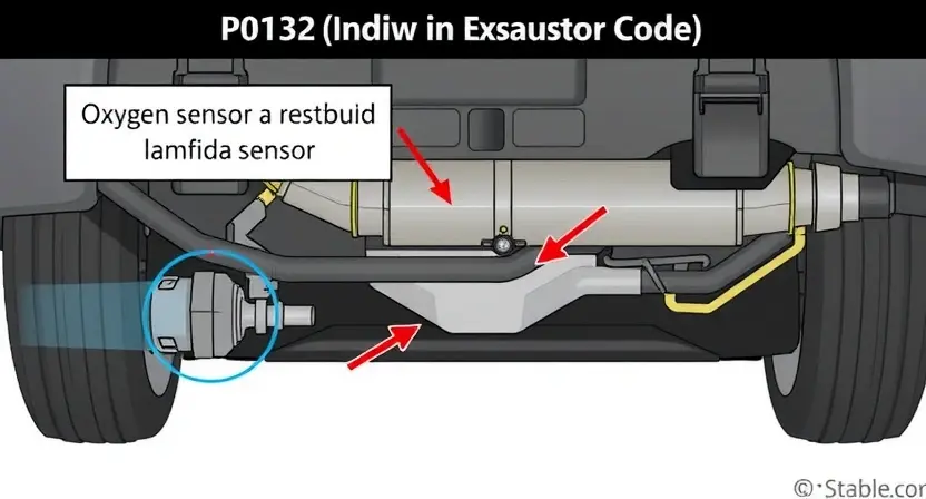 A detailed diagram illustrating the P0132 error code in a car's exhaust system. The diagram should clearly show the oxygen sensor (lambda sensor), the exhaust manifold, the catalytic converter, and the engine control unit (ECU). Arrows should indicate the flow of exhaust gases and the sensor's position. Highlight the area around the oxygen sensor to emphasize its role in detecting oxygen levels. Use a clean, technical illustration style.
