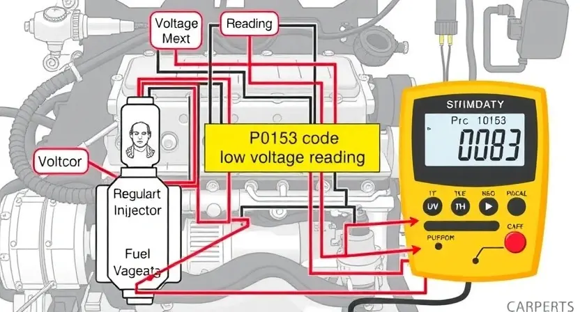 A detailed schematic diagram of an automotive engine's fuel system, highlighting the P0163 code and a voltage meter displaying a low voltage reading in the circuit. Include labels for key components like the fuel injector, fuel pressure regulator, and sensors.