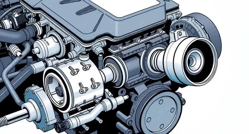 A detailed illustration of a car engine with a focus on the power output components, such as the crankshaft, pistons, and cylinders. The engine should be depicted in a cross-section view to show the internal parts clearly. The image should convey a sense of mechanical precision and complexity, with a clean and technical aesthetic.