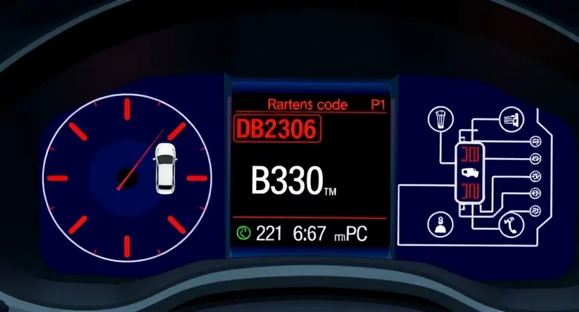 A detailed technical illustration of a vehicle's OBD-II diagnostic interface showing error code B2306 with symbols of a malfunctioning radar sensor, digital readouts, and schematic wiring diagrams, rendered in high-quality technical illustration style