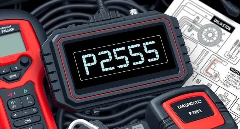 A close-up, detailed illustration of an automotive engine control unit (ECU) displaying a diagnostic code P2505. The ECU should be surrounded by relevant automotive diagnostic tools like a scan tool and wiring diagrams. Focus on the digital display of the code and the surrounding circuitry.