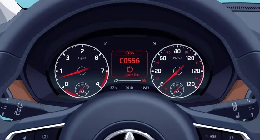 A detailed illustration of a car's dashboard with a highlighted error message 'C0566' displayed on the instrument cluster. The image should focus on the dashboard area, showing the warning light and the error code clearly. The car's interior should be clean and modern, with a focus on the relevant components.
