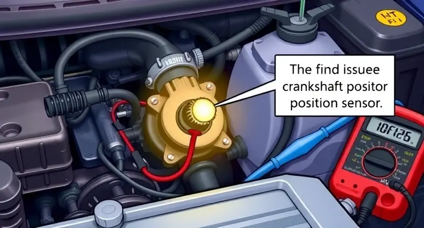 A detailed illustration of an engine bay with a focus on the crankshaft position sensor. The sensor is highlighted with a glowing effect. Wires and connectors are visible, showing a potential issue. Diagnostic tools like a multimeter are placed nearby. The background should be slightly blurred to emphasize the sensor.
