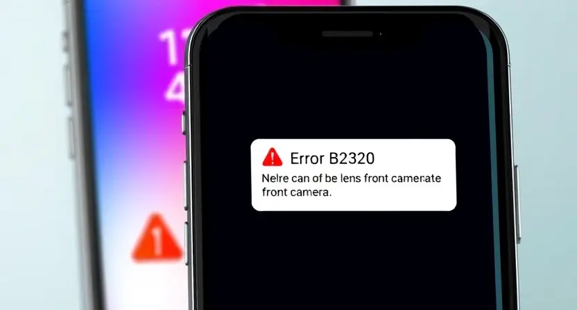 A close-up, detailed illustration of a smartphone displaying an error message related to the front camera malfunction. The phone's screen should show the error code 'B2320' and a visual representation of a broken or distorted camera lens. The background should be a blurred image of a modern smartphone.