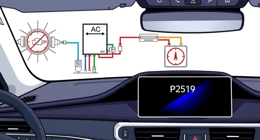 A detailed illustration of a car's dashboard with a highlighted error message 'P2519' displayed on the infotainment screen. The background should show a simplified representation of the car's electrical system, focusing on the AC circuit. The overall aesthetic should be clean and informative, suitable for a technical guide.