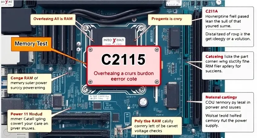 A detailed illustration depicting a computer motherboard with various components, highlighting the C2115 error code. Include visual representations of potential causes like overheating, faulty RAM, or power supply issues. Show diagnostic tools and procedures like memory testing and voltage checks.