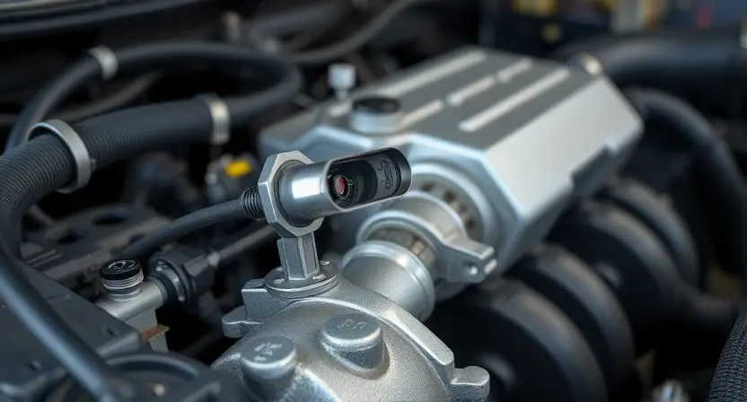 A close-up, detailed illustration of a car engine with a focus on the oxygen sensor and related components. The engine should appear clean and well-maintained. Subtle visual cues indicating a potential malfunction (e.g., a slightly discolored sensor) can be included without being overly dramatic. The background should be blurred, suggesting a garage or workshop environment.