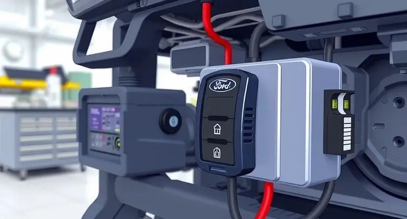 A close-up, detailed illustration of a Ford vehicle's immobilizer system (PATS) components. Focus on the key elements like the transponder key, the receiver unit, and wiring connections. The image should convey a sense of technical precision and automotive engineering. The background should be a clean, neutral automotive workshop environment.