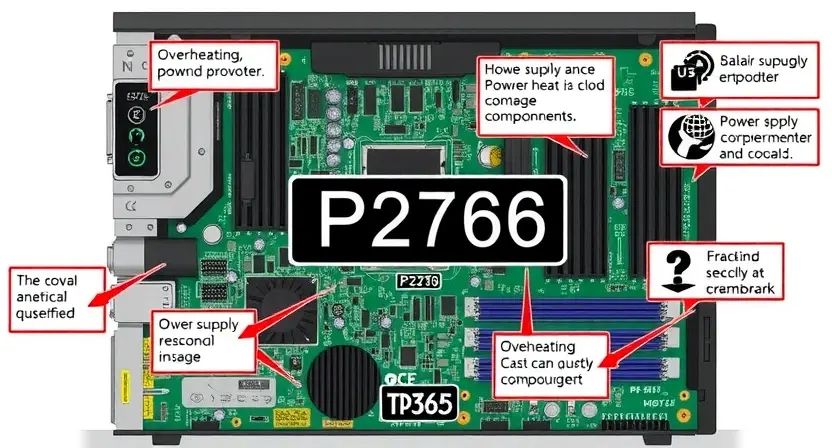A detailed illustration of a computer motherboard with various components, highlighting the P2766 error code. Include visual representations of potential causes like overheating, power supply issues, or faulty components. Focus on clarity and technical accuracy.
