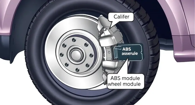 A detailed illustration of a car's wheel well, focusing on the ABS (Anti-lock Braking System) components. Show the brake rotor, caliper, and ABS sensor. Highlight the ABS module and its connection to the wheel assembly. The image should clearly depict the mechanical and electronic elements involved in the ABS system.