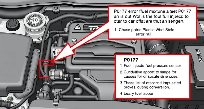 A detailed illustration of an engine bay with a focus on the fuel system. Show a fuel injector, fuel rail, and a fuel pressure sensor. Include a diagram illustrating the P0177 error code and its potential causes related to fuel mixture. The image should be clean and professional, suitable for a technical manual.