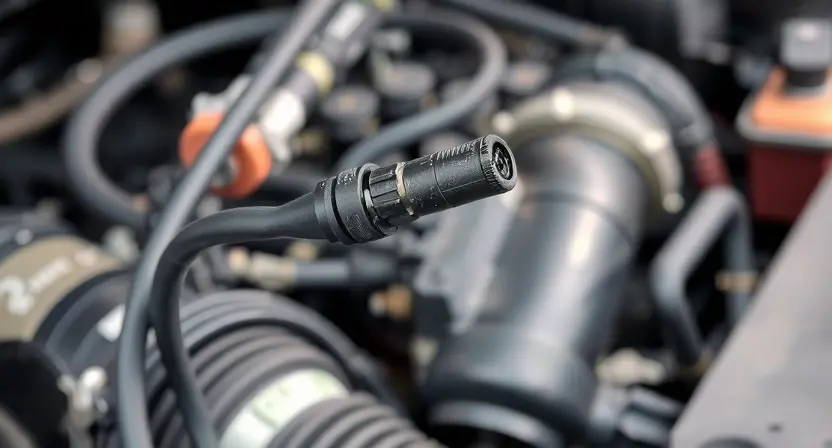 A close-up, detailed photograph of an engine bay showing a car's wiring harness and temperature sensor. The focus should be on the wiring and sensor itself, highlighting the connections and any potential signs of damage or corrosion. The background should be slightly blurred, showing other engine components but not distracting from the main subject. The lighting should be even and bright to clearly show details.