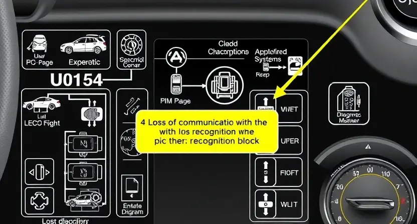 A high-quality technical illustration showing a vehicle's electronic control system with a highlighted warning about loss of communication with the recognition block, featuring circuit diagrams, error code U0154, and diagnostic tools, in the style HQ-832-448-h