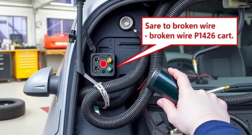 A detailed technical illustration of a car's electrical wiring harness showing a broken wire causing error code P1426, with visible damage to the wiring, connector pins, and a mechanic's hand holding a diagnostic scanner, set in a modern automotive repair workshop with tools and parts in the background