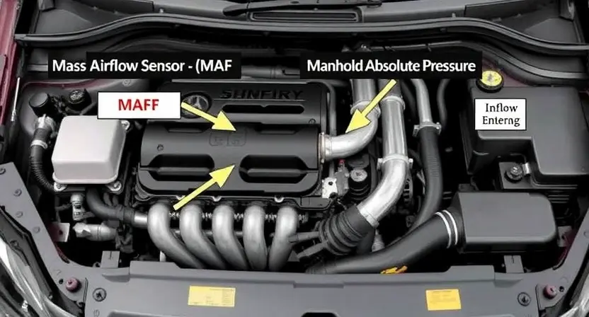 A detailed illustration of a car's engine bay, highlighting the Mass Airflow Sensor (MAF) and Manifold Absolute Pressure (MAP) sensor. Arrows should point to each sensor, with labels clearly indicating their names. The image should also subtly depict airflow entering the engine and pressure within the intake manifold. Focus on a clean, technical representation.