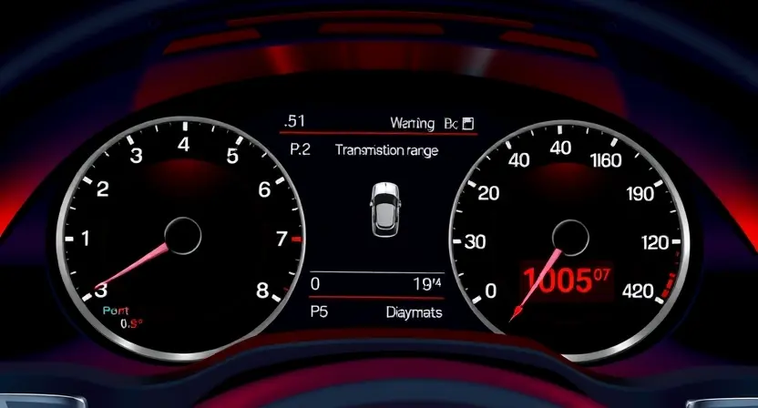 A detailed illustration of an automotive dashboard showing a warning light for a low signal level in the transmission range sensor. The dashboard should display relevant error messages and diagnostic information. The car's interior should be visible in the background, showing a modern car design.