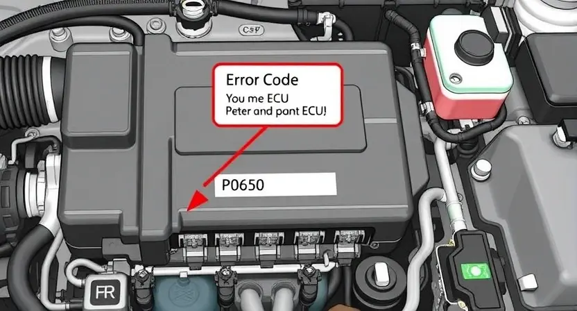 A detailed illustration of an engine control unit (ECU) with various sensors and wiring, highlighting the P0650 error code indicator. The background should be a clean, technical environment.