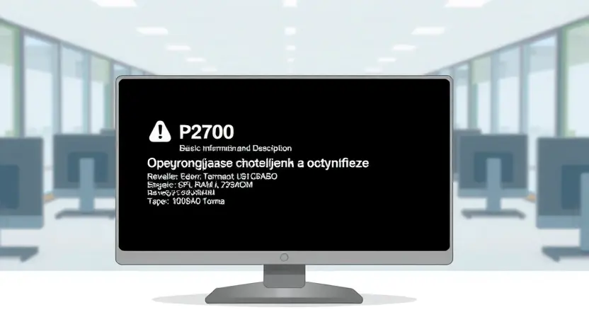 A technical illustration depicting a computer error message, specifically 'P2700: Основные сведения и описание' (P2700: Basic Information and Description), displayed on a computer screen. The screen should show the error message in Russian, along with relevant system information like CPU, RAM, and hard drive space. The background should be a clean, professional-looking office environment.