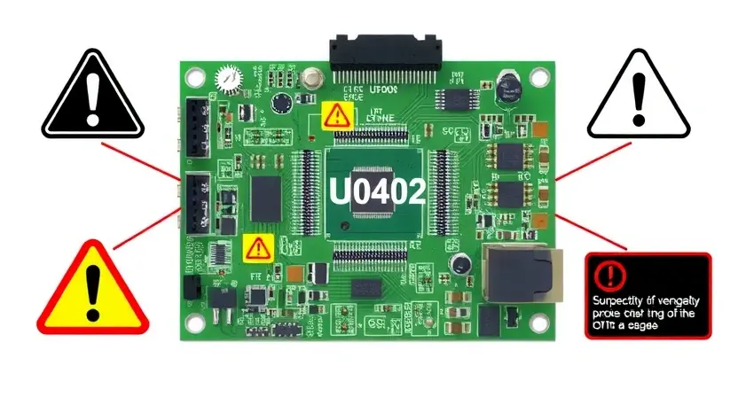 A high-quality technical illustration showing a circuit board with a highlighted U0402 component, surrounded by warning signs and error symbols, clean white background, professional lighting, detailed technical accuracy, no text or numbers visible