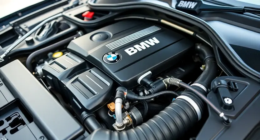 A close-up, detailed image of a BMW engine bay. Focus on the engine components, hoses, and wiring. The engine should appear clean and well-maintained. Subtle hints of diagnostic tools (like a scan tool) could be included in the background, but they should not be the primary focus. The overall lighting should be bright and professional, highlighting the engine's details.