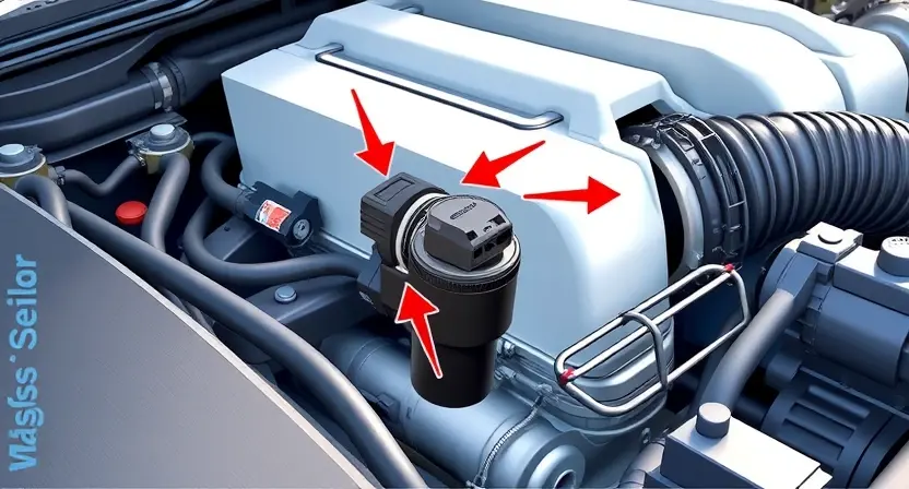 A close-up, detailed illustration of a car's engine bay, specifically highlighting the intake manifold and the mass airflow sensor. The sensor should be clearly visible, with arrows pointing to it and surrounding components. The overall lighting should be bright and clean, emphasizing the mechanical details. Focus on the sensor's physical appearance and its connection to the engine.