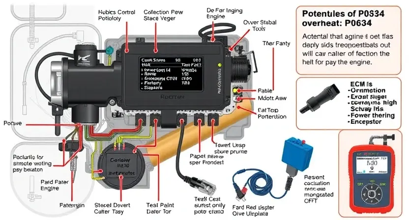 A detailed illustration of an automotive engine control module (ECM) with various sensors and wiring, highlighting the potential causes of a P0634 overheat code. Include visual representations of electrical connections and diagnostic tools.
