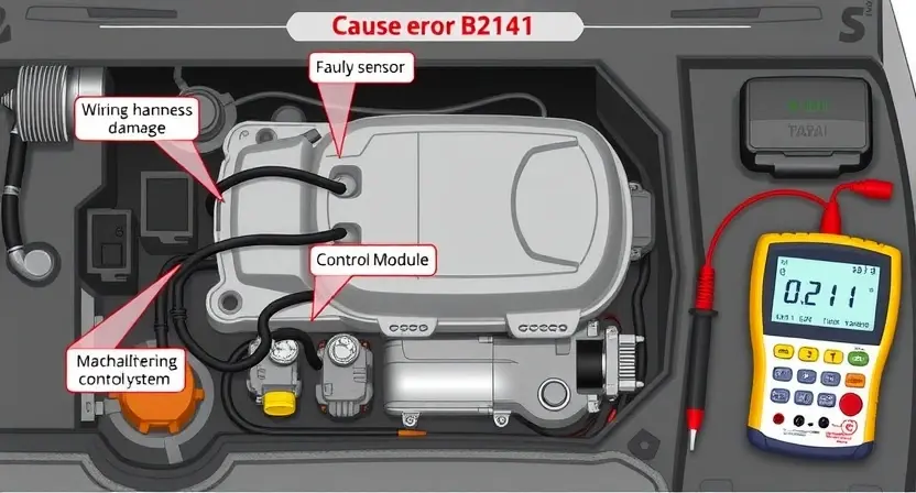 A detailed technical illustration showing the causes of error B2141 in a vehicle's electronic system, including a faulty sensor, wiring harness damage, and a malfunctioning control module, with labeled components and diagnostic tools like a multimeter and OBD-II scanner nearby, all rendered in a clean, professional technical diagram style